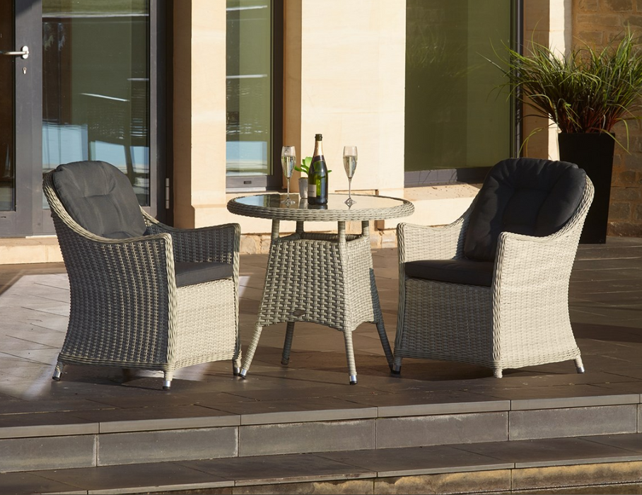 Monterey Dove Grey Rattan Bistro Table Set with 2 Armchairs