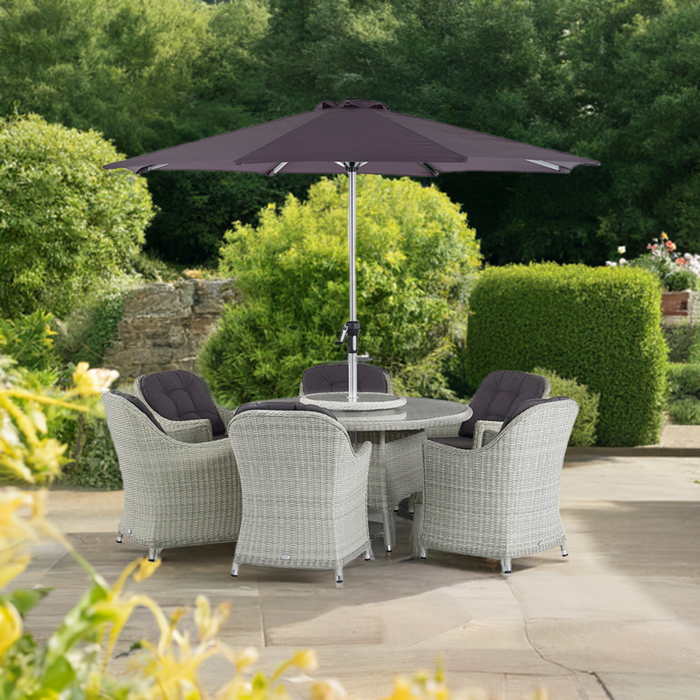 Monterey Dove Grey Rattan 6 Seat Round Dining Set with Lazy Susan, Parasol & Base